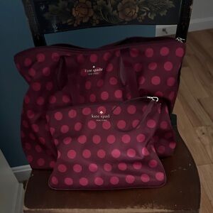 Kate Spade Maroon and Pink Polka Dot Tote Set